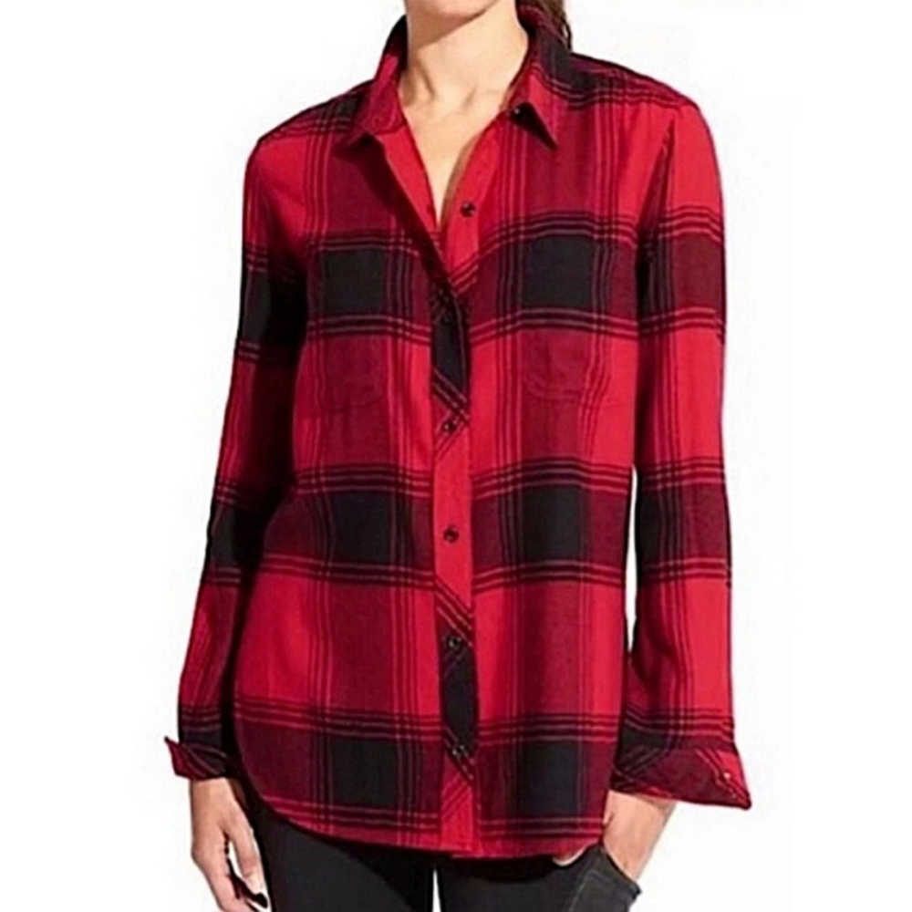 Athleta Lumberjill Flannel Shirt Red Black Women's Sz XL Red Black Plaid Fall